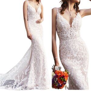 Kitty Chen Bridal Taylor V-Cut Open Back Lace Wedding Dress H1846 in White/Tan